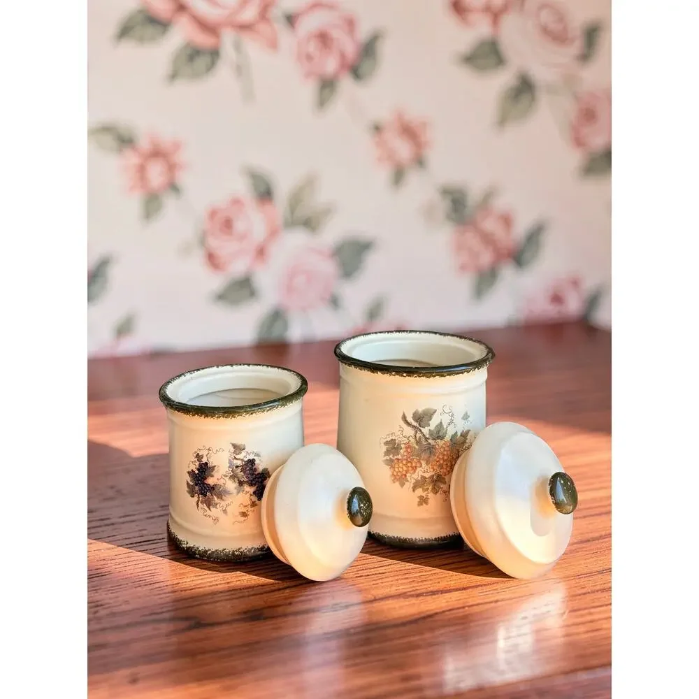 Vintage World China Grape Canister Set 2 Ceramic Cream Green Country Kitchen